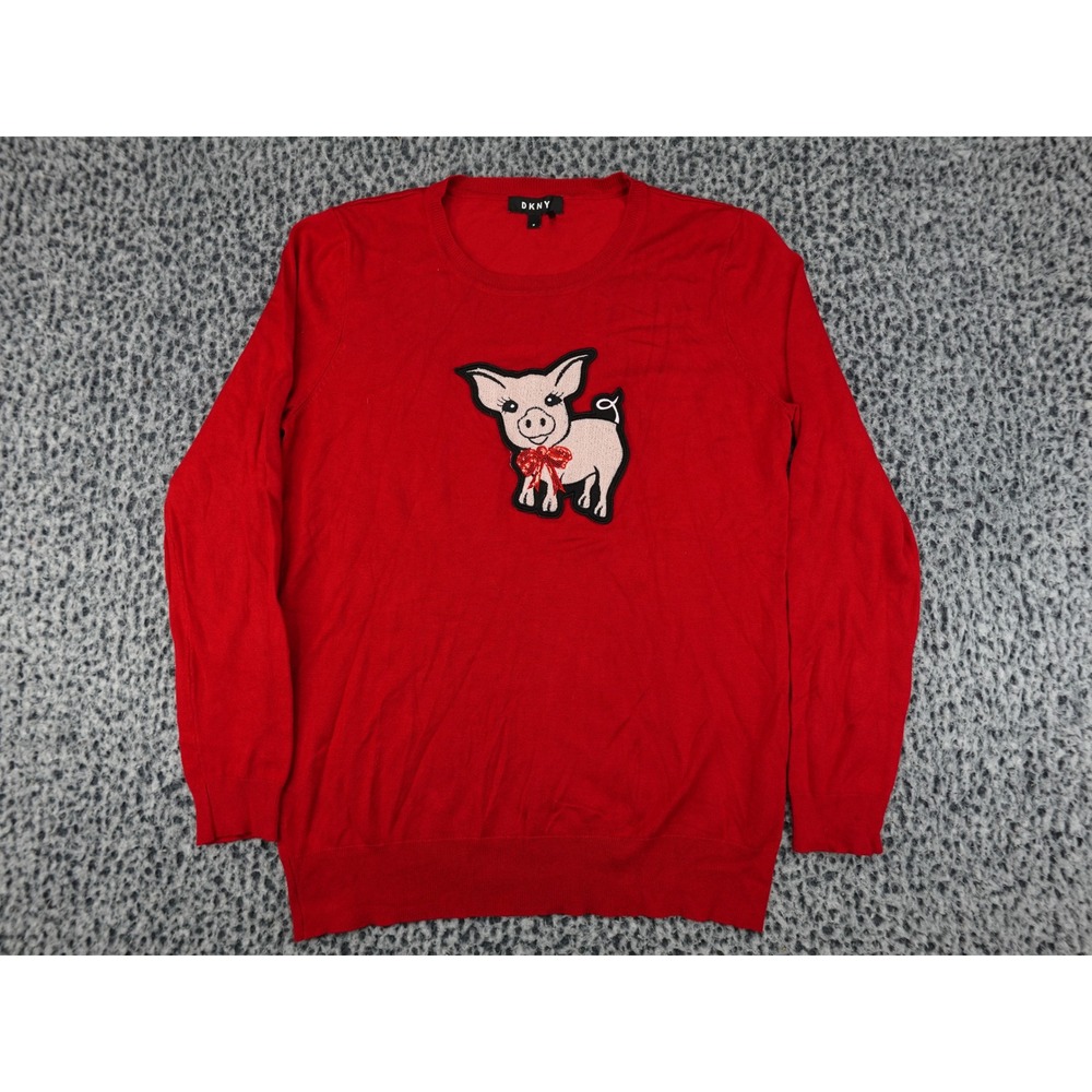 DKNY Pig Graphic Sweater Womens Medium Red Sequin Bow Fine Knit Crewneck